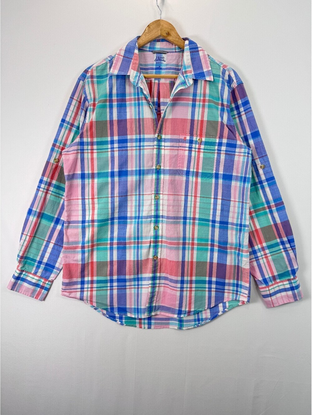 IZOD Saltwater Men's Medium Plaid Cotton Button Down Shirt Pastel Roll Tab Top